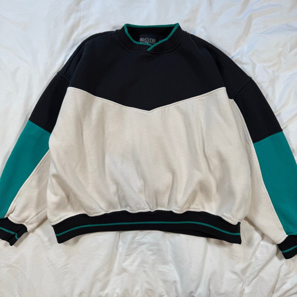 Vintage 90s colorblock sweatshirt  black, teal, and cream adult size XL